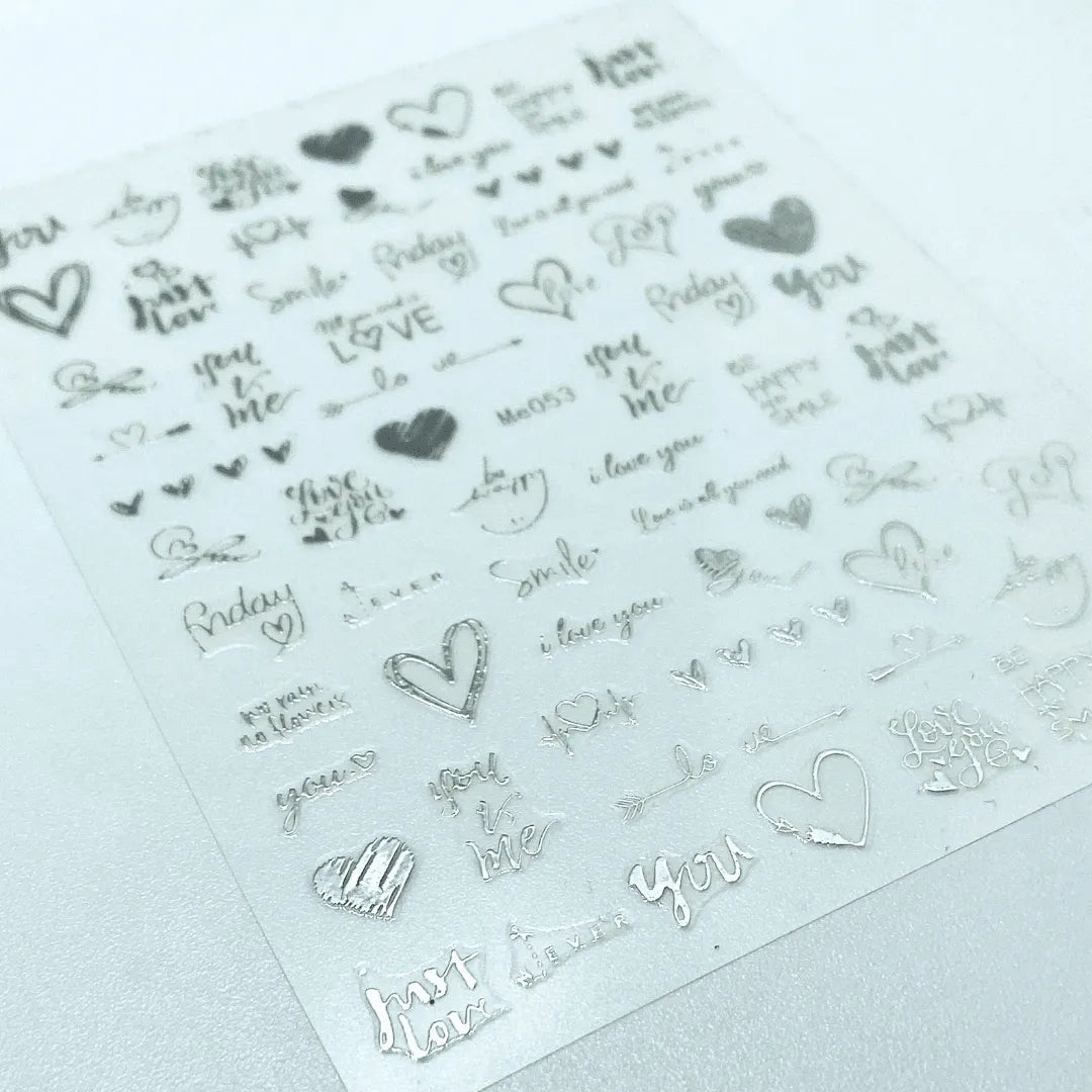 Stickers Corazones y letras plateado Me053