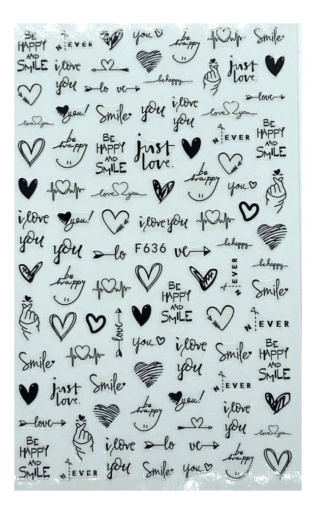 Stickers Corazones y letras negras F636