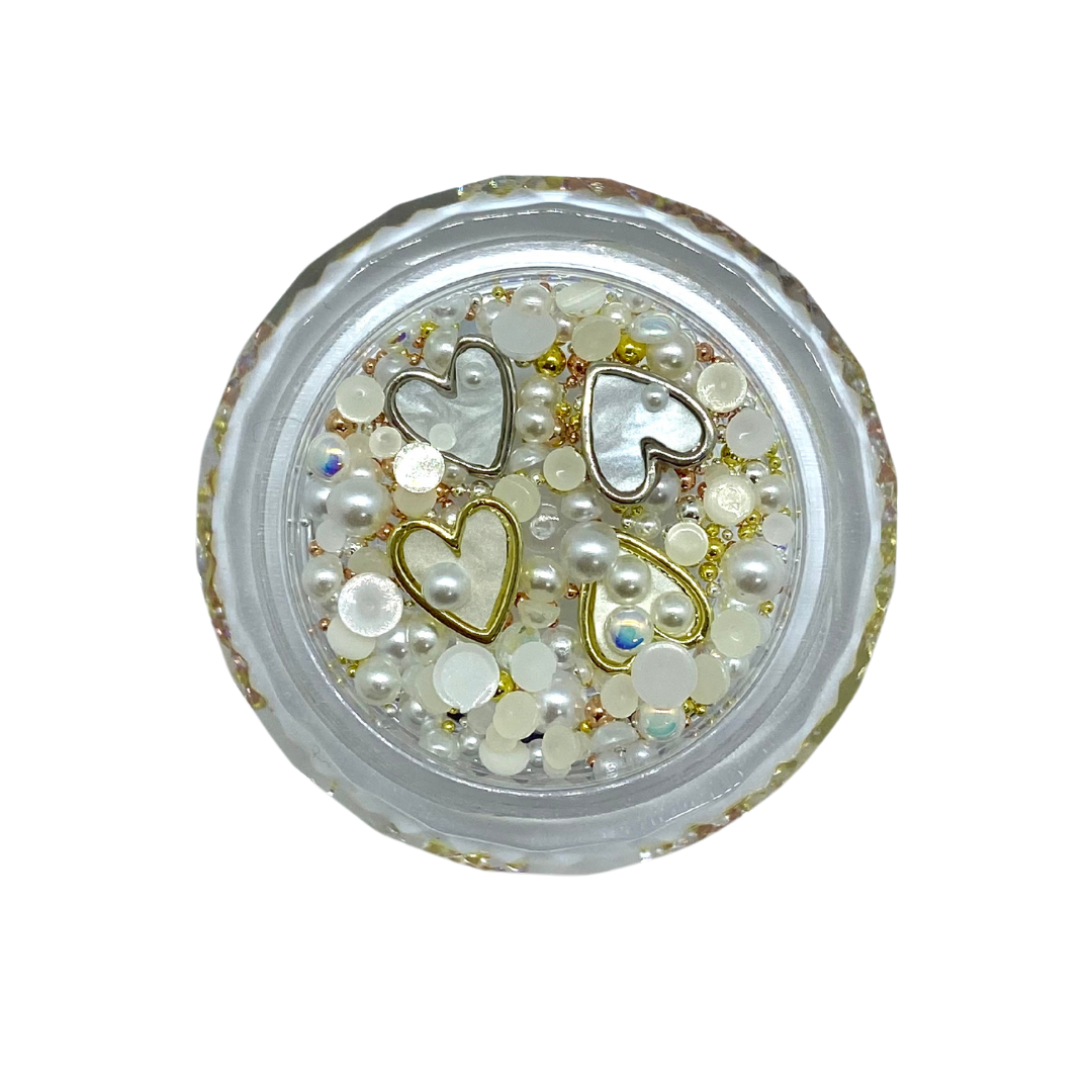 Mix Decoración uñas 3D | Corazones Blancos Perlas y Bouillons