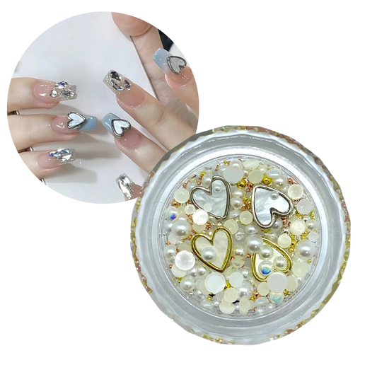 Mix Decoración uñas 3D | Corazones Blancos Perlas y Bouillons