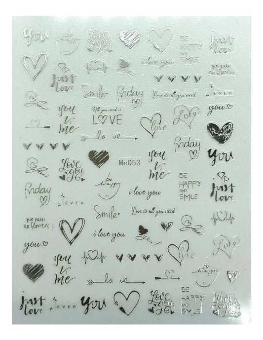 Stickers Corazones y letras plateado Me053