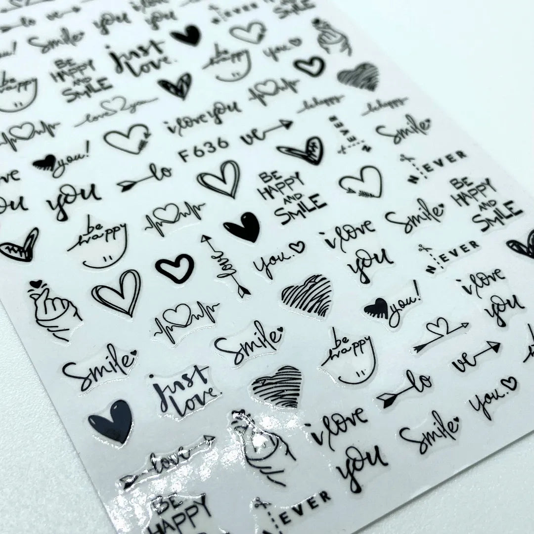 Stickers Corazones y letras negras F636