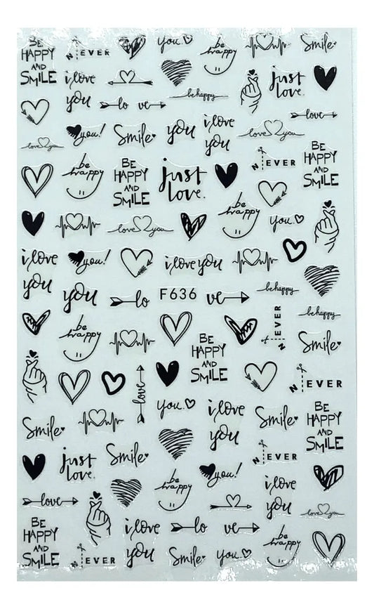 Stickers Corazones y letras negras F636